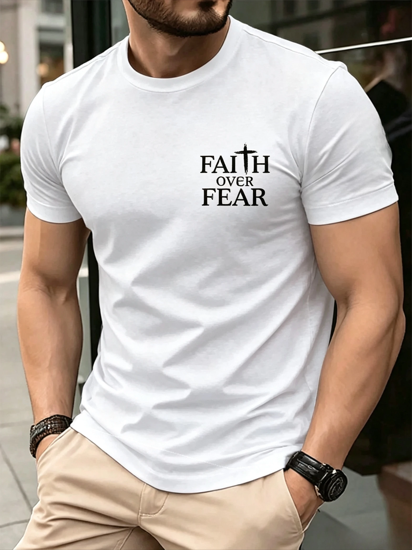 Family Matching T‑Shirt Faith Over Fear Letter Cross Chest & Sleeve Print Parent‑Child Loose Casual Cotton Tee Tops