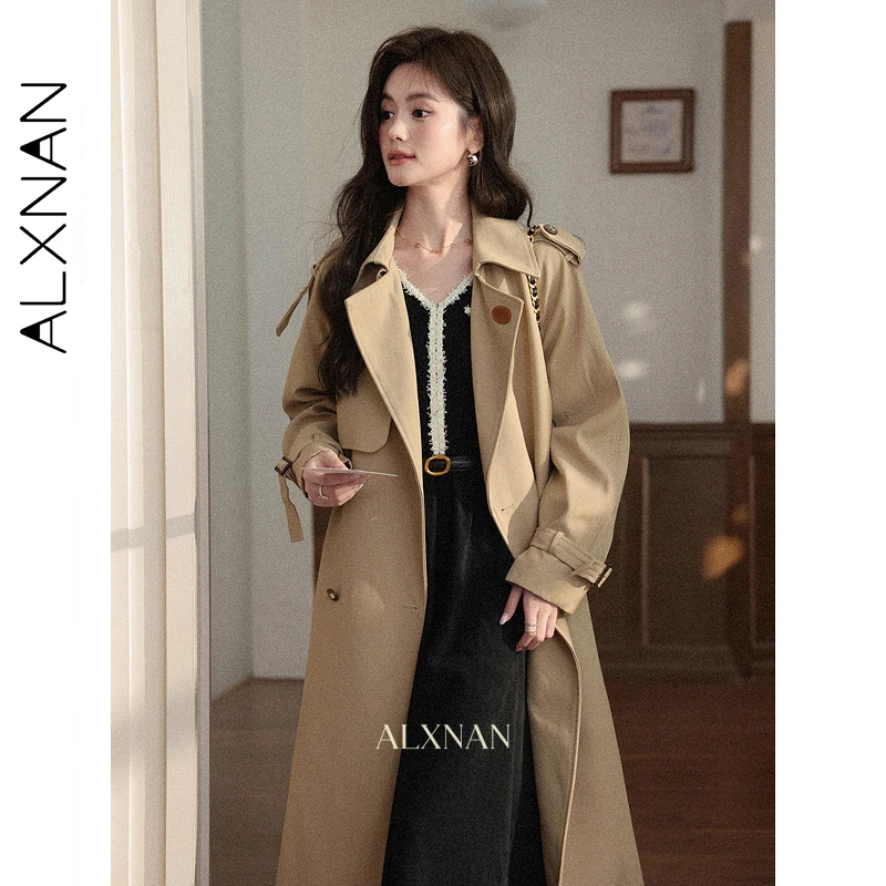 ALXNAN Black V-neck Long Dress Women Color Matching Casual Office Lady Elegant Long Sleeve Dresses 2025 Fall Female Dress L57662
