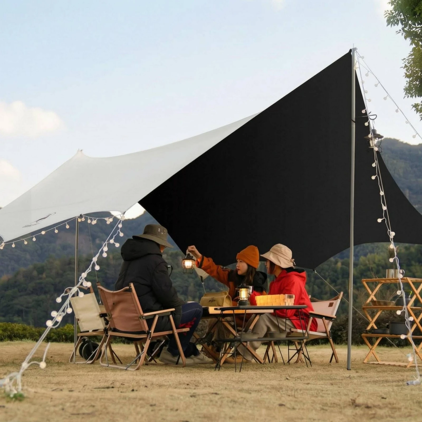 Sunshade Canopy Pole Supported Butterfly Canopy Rectangular Tarp Shade Guy Lines Camping Tarp with Poles Resistant