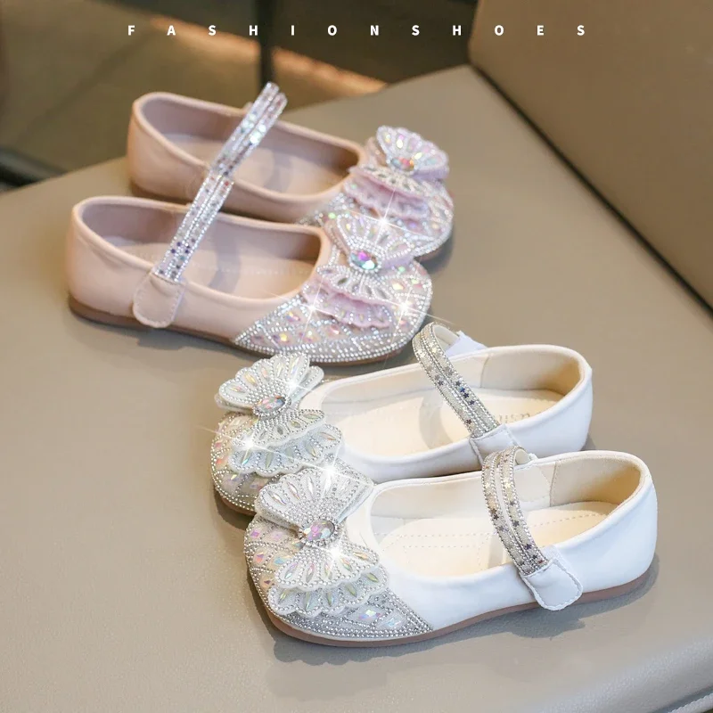 Sapatos de cristal princesa para meninas, sola macia, sapatos de couro infantil para festa, moda casamento, sapatos de desempenho strass infantil 2024