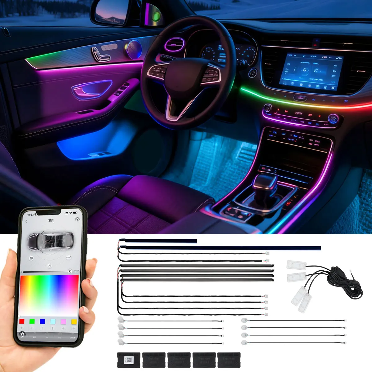 

Car LED Environment Interior Strip Light 12V Interior Light Foot light RGB Car Decoration Accessories Music Voice Control APP