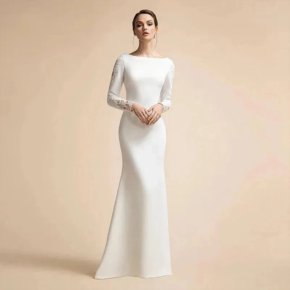 

Elegant Wedding Dresses Long Sleeve Boat Neck Bride Dress with Appliques Mermaid Satin Bridal Gown Customized vestido de novia