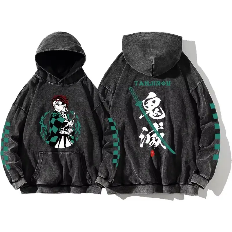 

Винтажная стираная одежда с капюшоном Demon Slayer, аниме, графический принт Y2k, толстовки с длинными рукавами, хлопковые толстовки большого размера для мужчин и женщин, новая осень