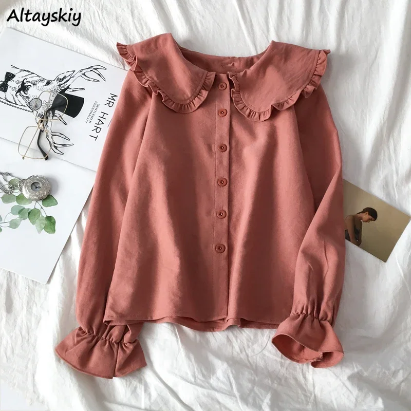 Shirts Womens Solid Peter Pan Collar Kawaii Sweet Girls Kroean Style Flare Sleeve Simple Femme Blouses Daily Leisure High Street