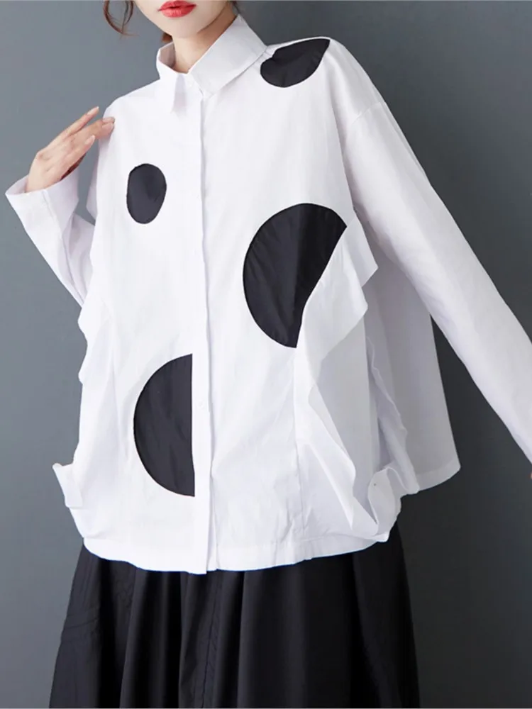 Oversized lente shirt met lange mouwen Dames Polka Dot Mode Damesblouses Casual losse geplooide damesoverhemden