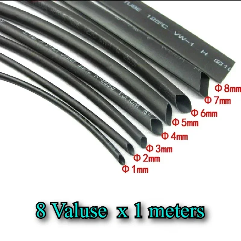 8 Meter/Set 2:1 BLACK 1mm 2mm 3mm 4mm 5mm 6mm 8mm Heat Shrink Tubing Tube for Cable DIY Connector Wire Kit