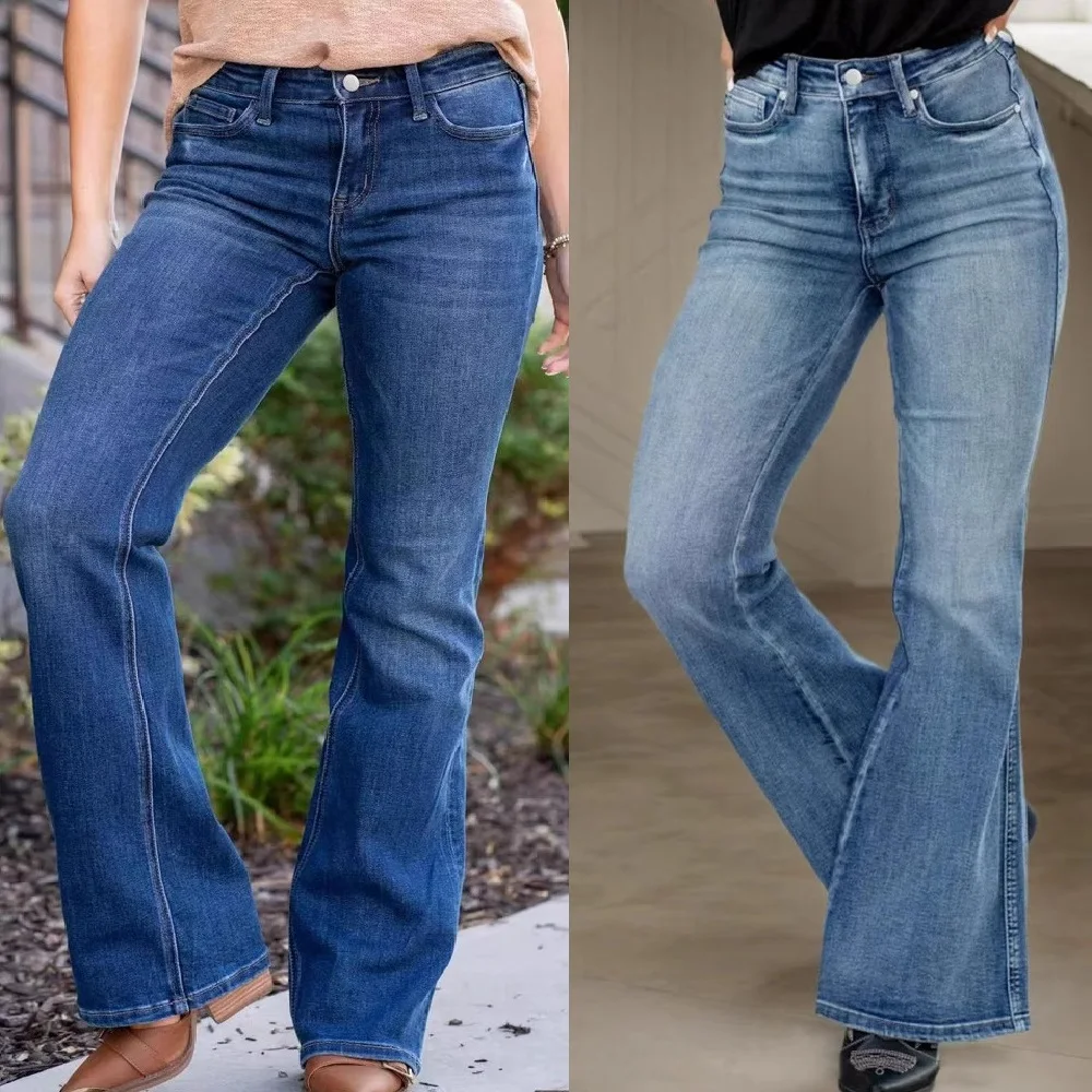 

﻿ Women Slim Denim Jeans High Waist Flare Pants Ladies Solid Color Long Pants