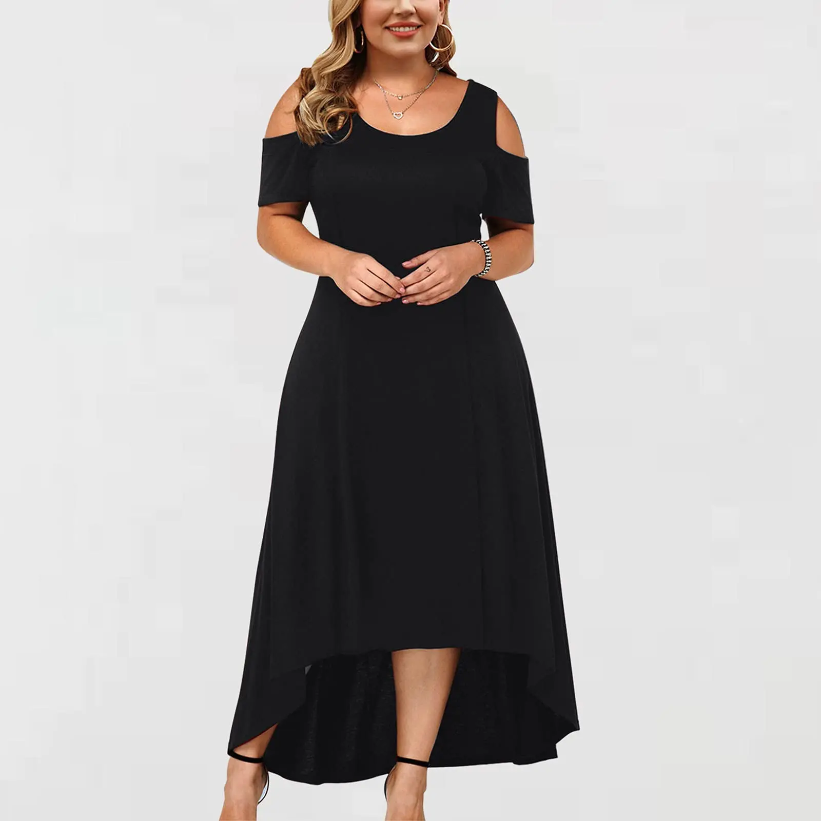 

Women's Plus Size Cold Shoulder Crew Neck High Low Hem Midi Fitted Dress Casual Daily Office Autumn Winter Fashion Elegant Wear