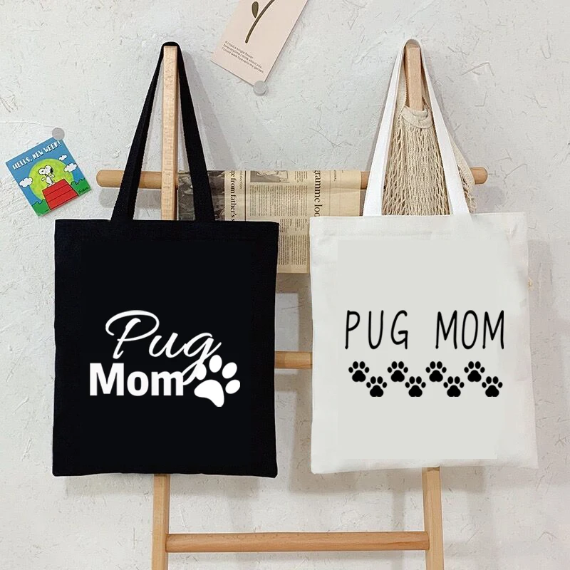 

Pug Mom Graphics Canvas Bag for Women Shopper Handbags Dog Paw Print Reusable Shoulder Tote Bag Fashion Animal Paw Lady Hand Bag