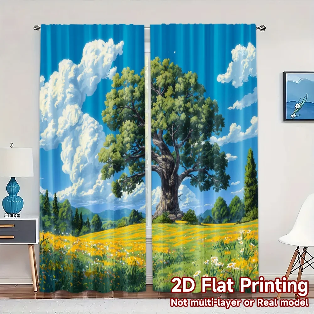2pcs, 2D FLAT PRINTING Curtains (Without Rod) Majestic Meadow Modern Pattern Curtains Yarn Curtains Art Deco Festive for