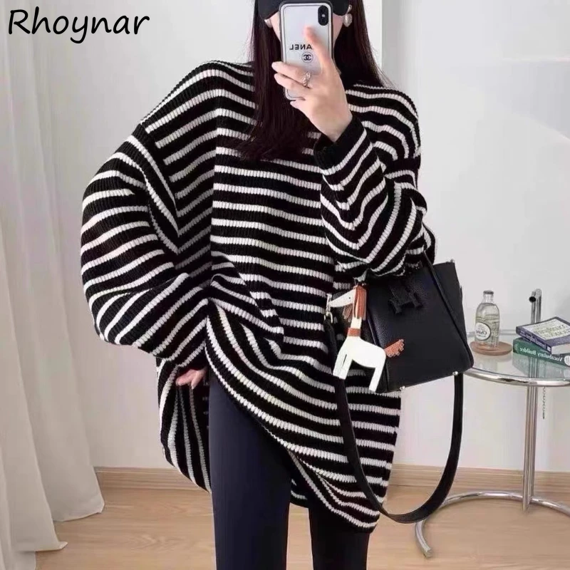 

Knit Black Striped Sweater Pullovers Women Clothing Harajuku Baggy O-neck Korean Stylish Fashion Vintage Temper Pull Femme Teens