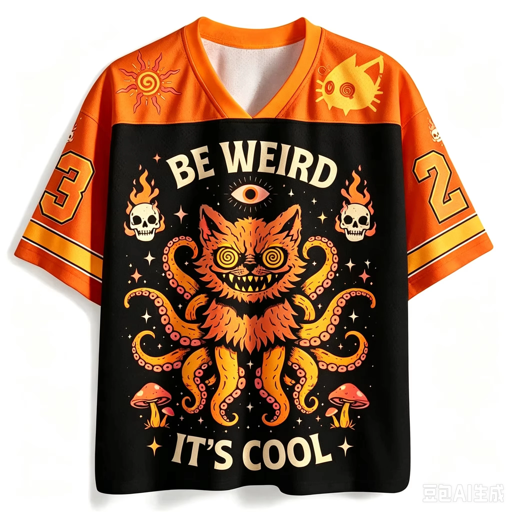 Weird Octopus Cat Skull Mushroom Mystic Graphic Mesh Jersey V‑Neck Short Sleeve Loose Sports Top Men Women Streetwear Casual Tee
