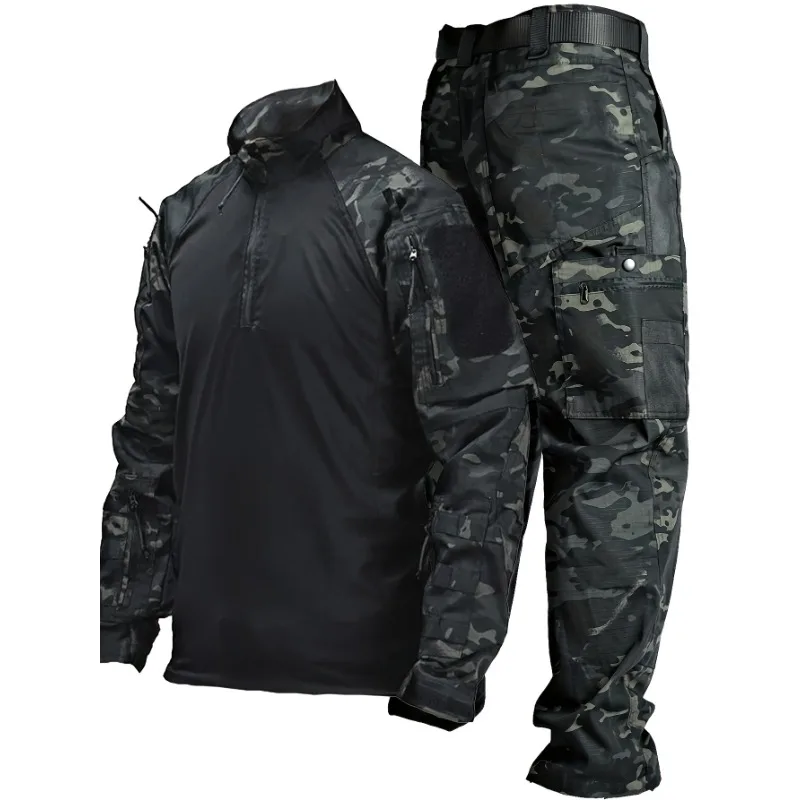 

Men's Camouflage Tactical 2-Piece Set Long Sleeve Frog Suits and Multi-Pocket Cargo Pants Set Abrasion Breathable Outdoor Suits