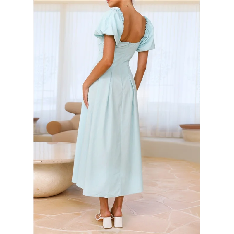 ABRT-Women's Summer Boho Maxi Dress V-Neck Cute Bubble Short Sleeve A-Line Long Dress With Pocket