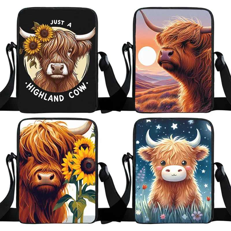 

Scottish Highland Cows Print Crossbody Bag Cute Highland Cow Sunflower Girls Handbag Phone Holder Book Bags Portable Storage Bag