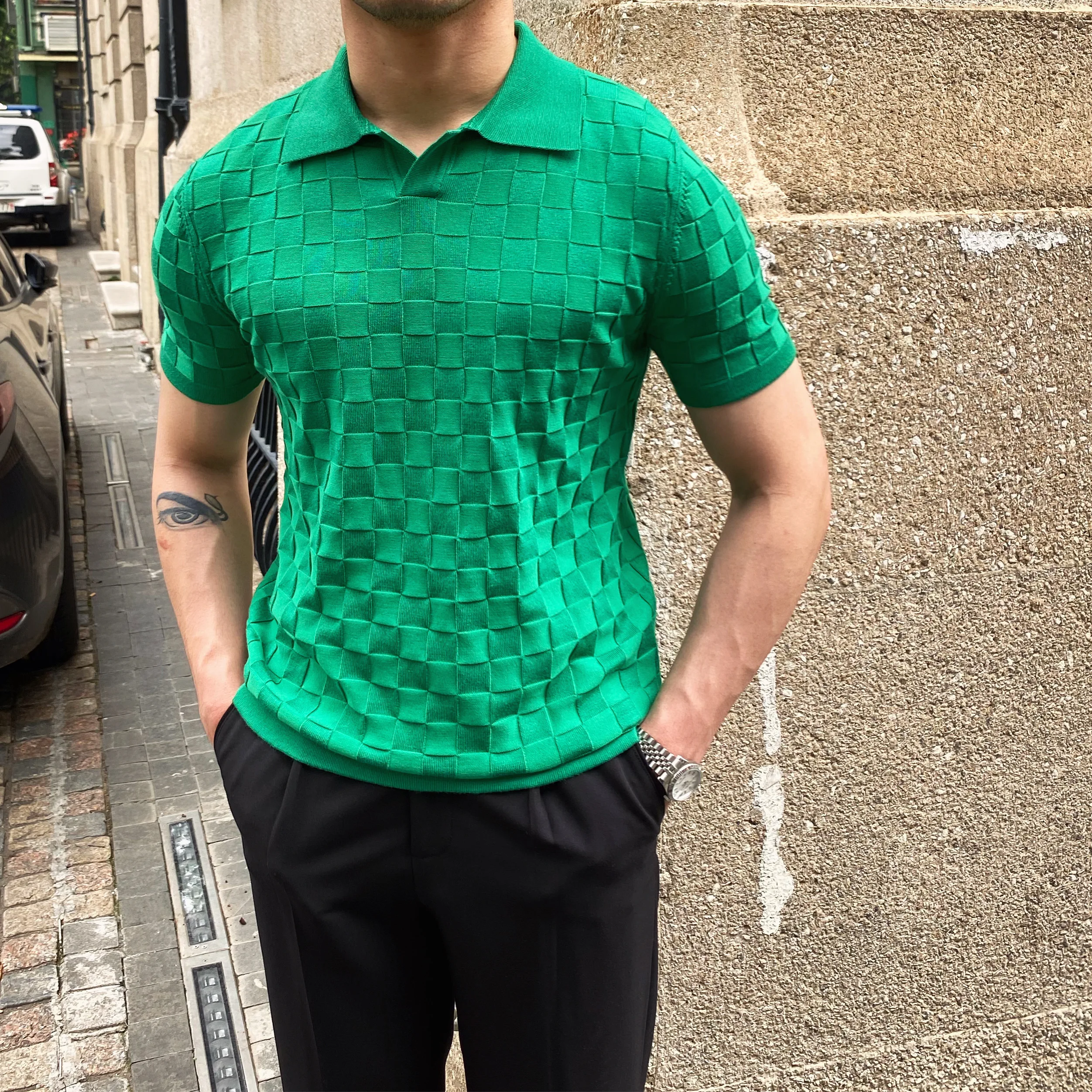 2022 Summer Plaid Knitted Polo Shirts Men Short Sleeve V-Neck Knitted Lapel Tee Tops Elasticity Slim Casual Business Social Polo