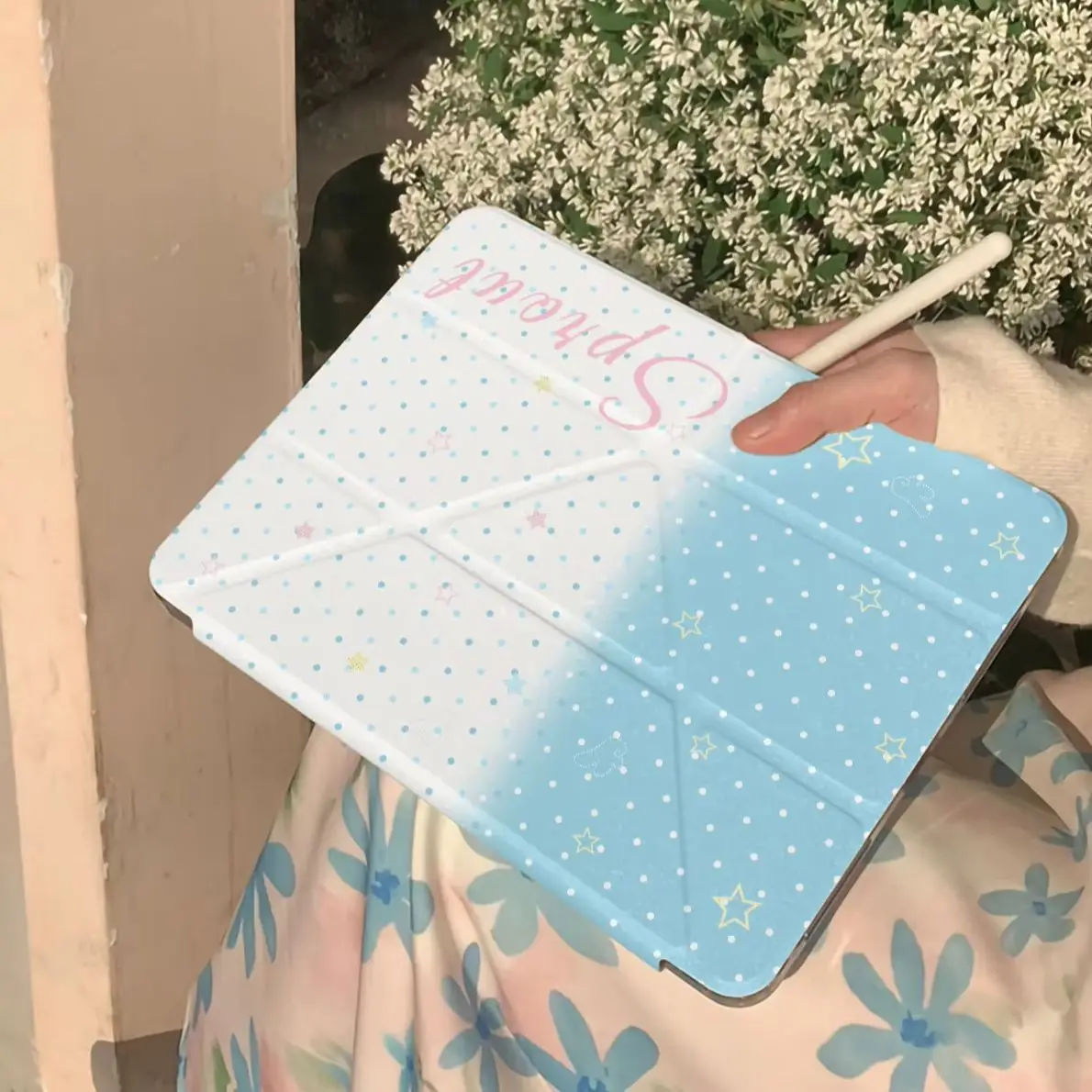 Cute Gradient Blue Polka Dot Y2K Tablet Case For iPad Pro 11 12.9 13 A16 M2 M4 M3 M5 5/6/7/8/9/10/11th Mini Air 3 4 5 6 7 Cover