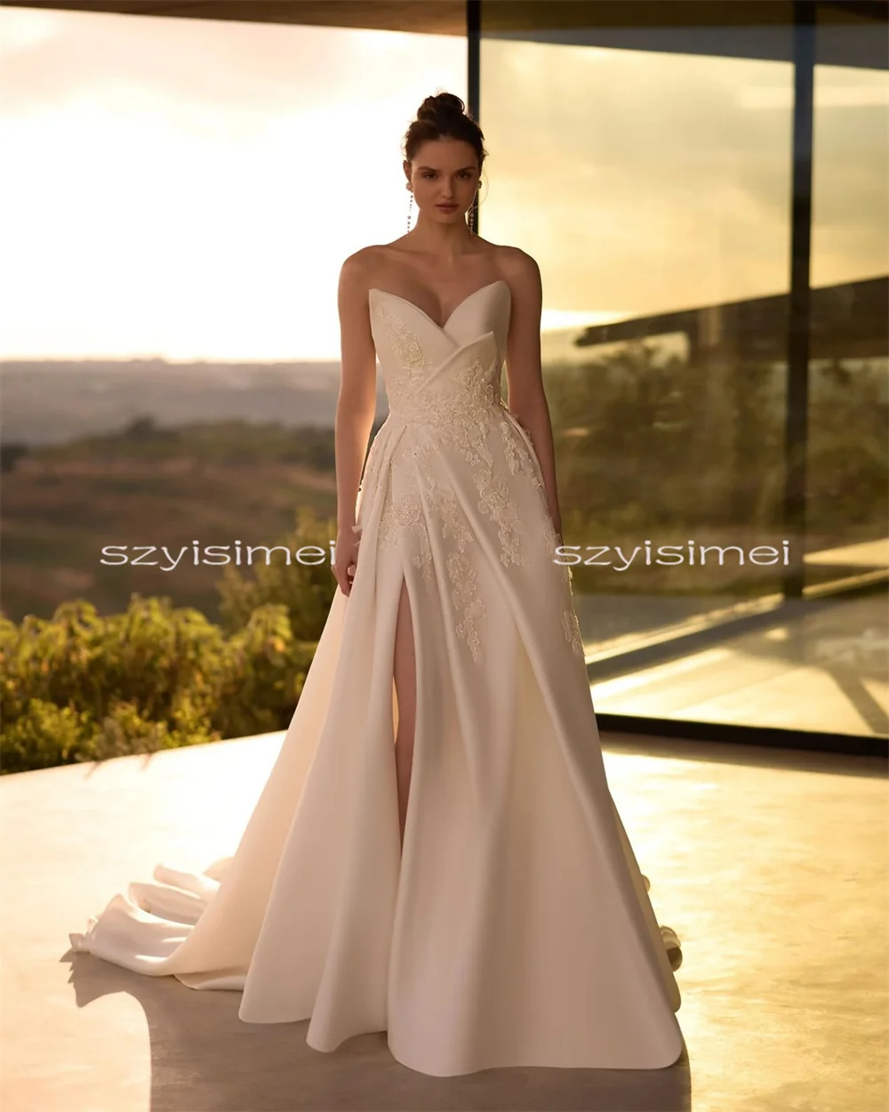 Abito da sposa bianco con spalle scoperte con applicazioni in pizzo Abito da sposa in raso con linea A Abiti da sera personalizzati per matrimonio