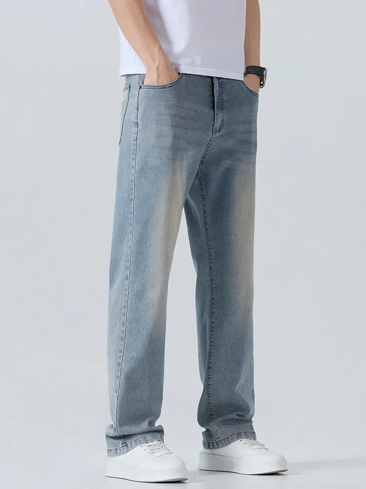 البوب الصيف رقيقة الرجال المطبوعة الجينز تنفس موضة الأعمال السراويل فضفاضة غسل خمر عادية سراويل جينز الذكور