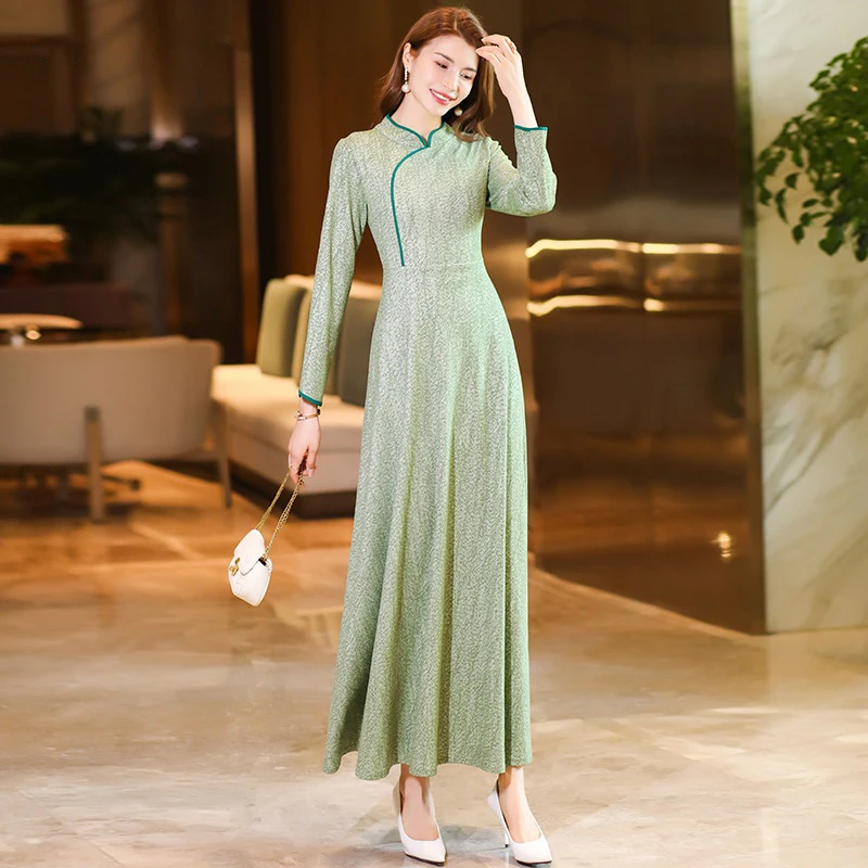 

New Women Spring Autumn Floral Dress Fashion Chinese Style Stand Collar Slim Chi-pao Dress Elegant Long Sleeve Overlength Dress