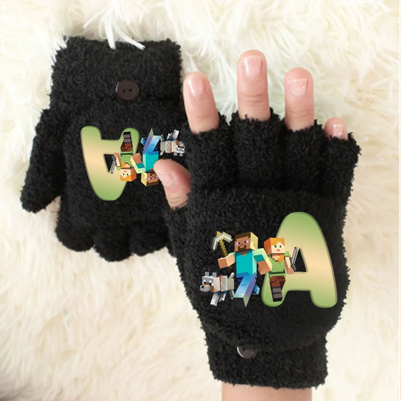 Winter Keep Warm Gloves Boy Minecrafted Black Short Half Finger Knit Wrist Glove Fashion Accessories Children Birthday Xmas Gift