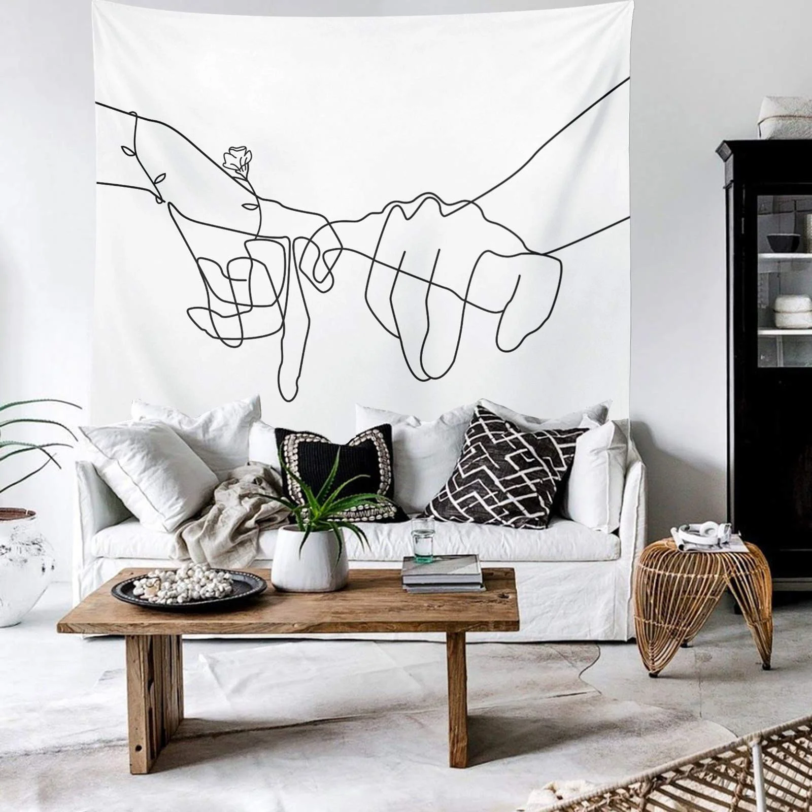 VIKAMA Minimalistische Linienkunst Wandteppich mit Händen, die sich halten, Abstrakte Paarhände Wandbehang für Schlafzimmer, Wohnzimmer & Sofa-Dekoration