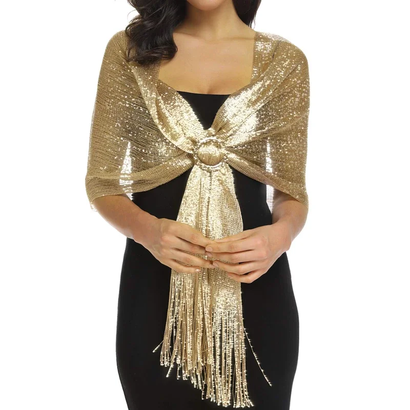 

Модный яркий солнцезащитный крем, шаль, хиджаб, золото, серебро, блестящие шарфы для женщин, кружевной вечерний шарф с кисточками