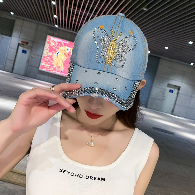 Denim Hat Baseball Cap Women Spring Summer Rhinestone Sports Cap Trendy Leisure Sunshade Outdoor New Korean Casual Cowboy Retro