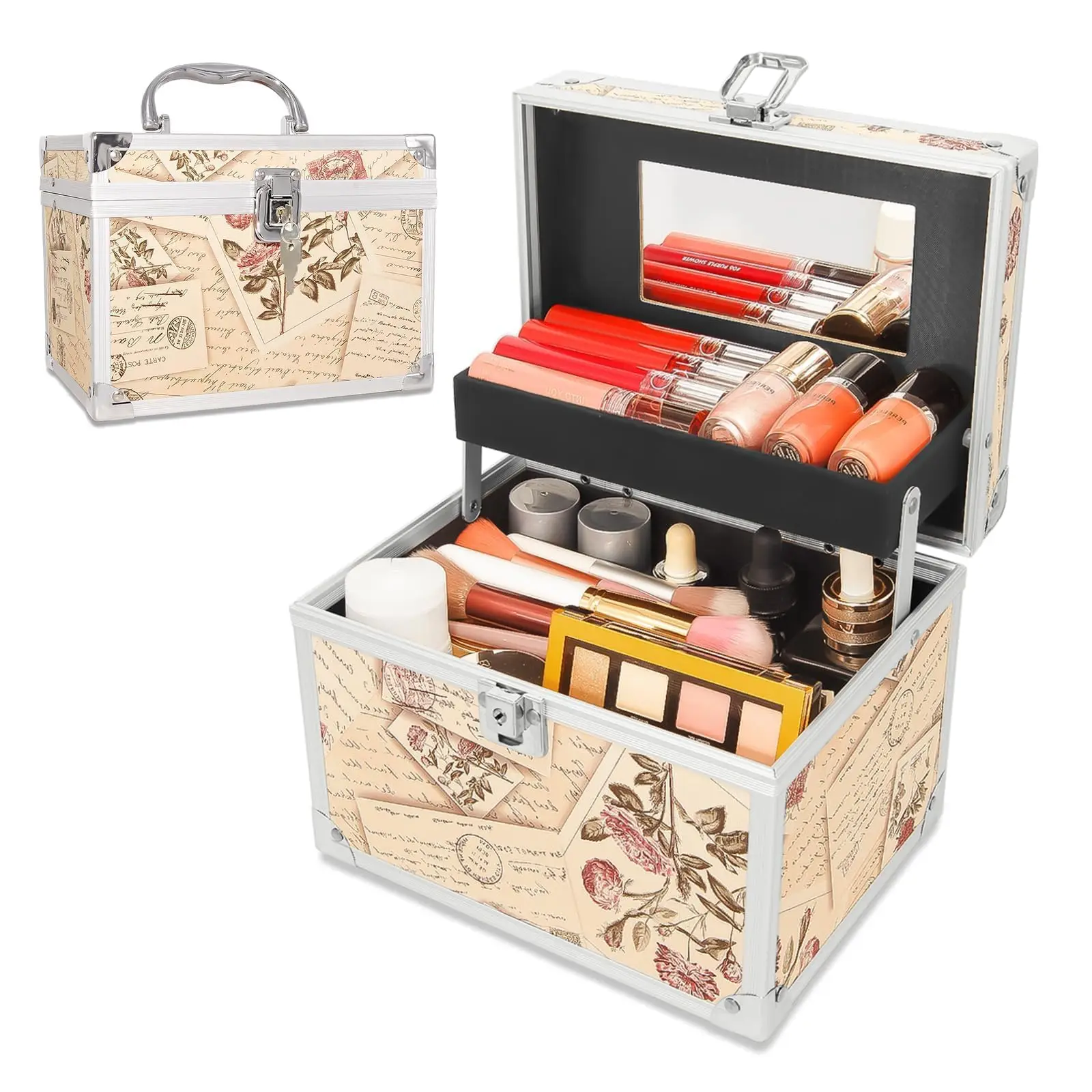 Makeup Boxes Organizer with Mirror Make Up Box Storage Train Cases  Lockable Metal Storage Hard Shell Cosmetic Box