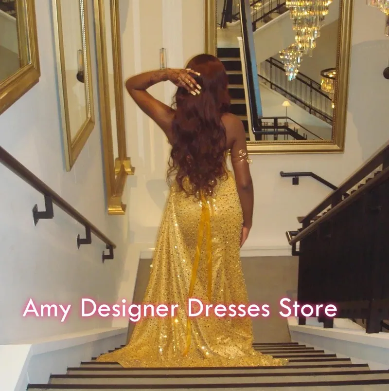 ชุดราตรีงานพรอมสุดหรู ประดับเลื่อมคริสตัล ปี 2026 สำหรับสาวผิวสี ทรงเมอร์เมด คอวี ผ่าข้าง งานปาร์ตี้  สามารถสั่งตัดได้