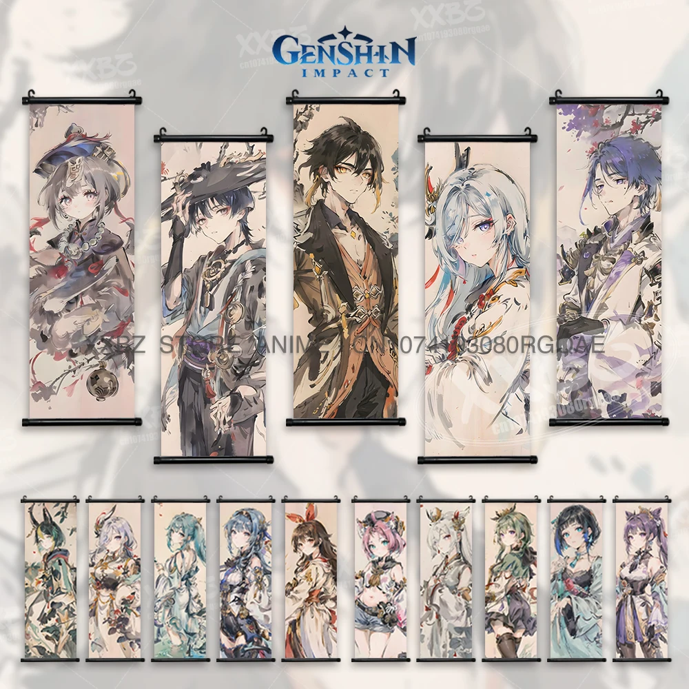 Genshin Impact Spiele Figuren Schriftrollen Bild Zhongli Heimdekoration Hängende Gemälde Shenhe Wandkunst Poster Tapete – Detail 2