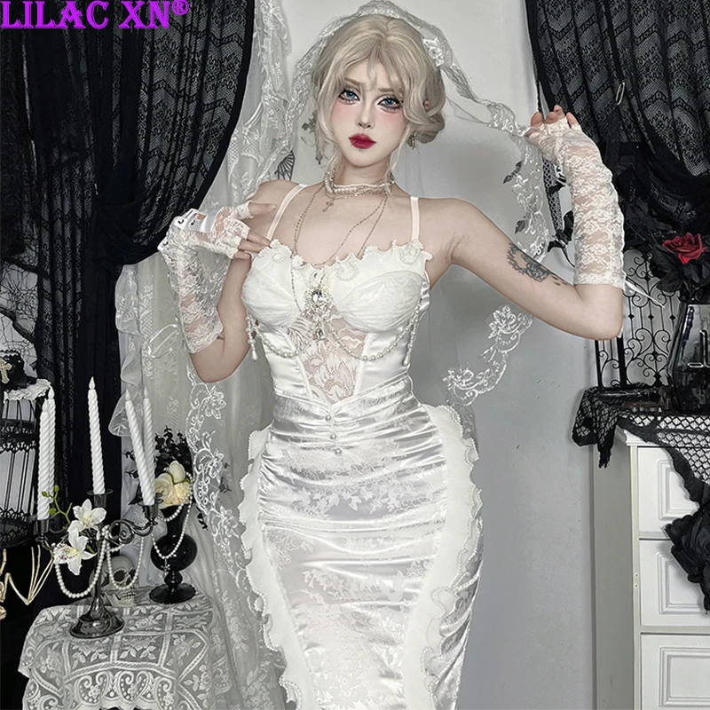 

Готический белый кружевной прозрачный жемчужный корсет, топ в стиле Лолиты, сексуальные длинные юбки русалки, одежда для свадебной вечеринки, женские новые модные комплекты