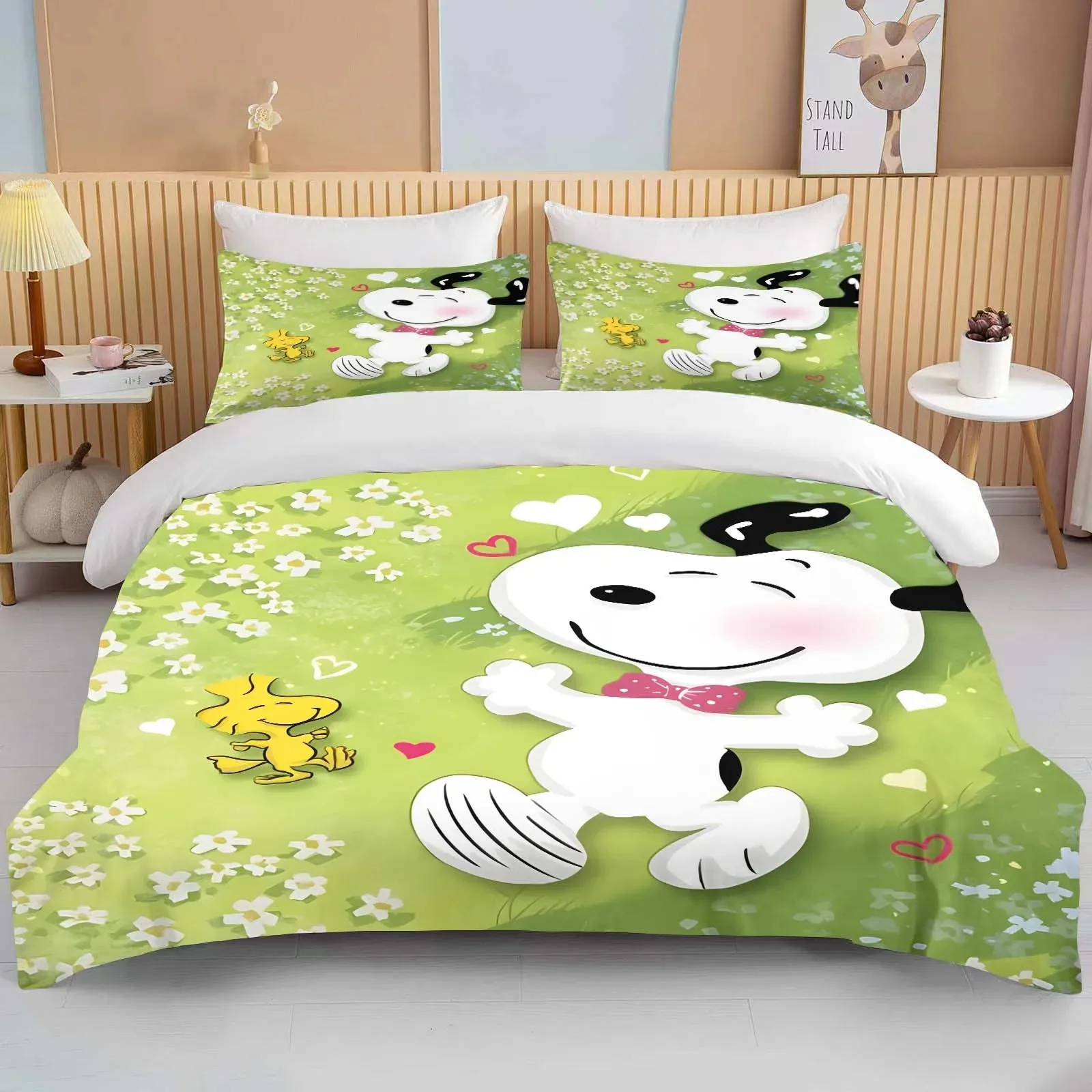 Snoopy-Juego de ropa de cama con estampado de dibujos animados, funda de edredón, funda de almohada, regalo de cumpleaños para adultos y niños, ropa de cama para el hogar de tamaño completo personalizable