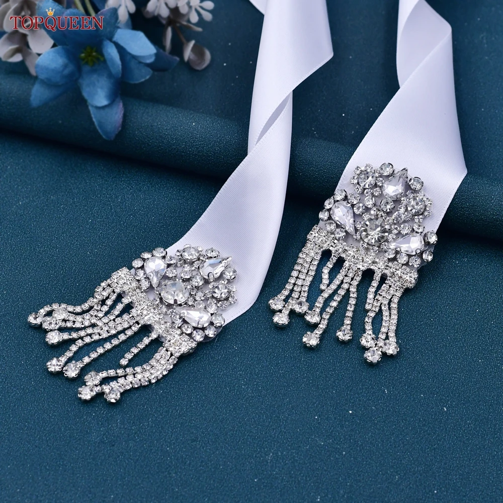 TOPQUEEN Rhinestones Wedding Sliver Crystal Sash diamentowe pas ślubny dla kobiet sukienki damskie pas do sukni S109