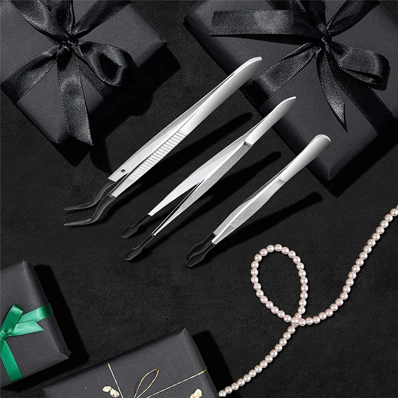 

【Must-Haves】3 Pcs Non-Marring Silicone Tipped Tweezers Rubber Bent Tip Flat Tweezers Lab Tweezers