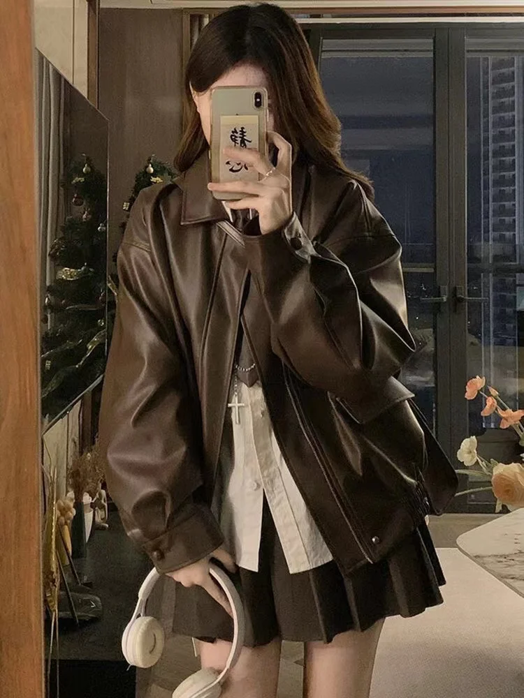 레트로 오토바이 PU 가죽 재킷 여성용 가을 겨울 신상 슬림핏 스트리트 패션 커플 매칭 코트