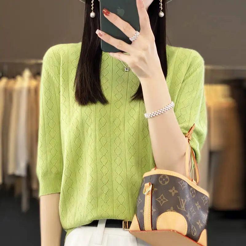 Short Sleeve Sweater Women\'s O-Neck Loose Knit Wool Tops Spring Summer Light Weight Hollow Out Breathable Pullover