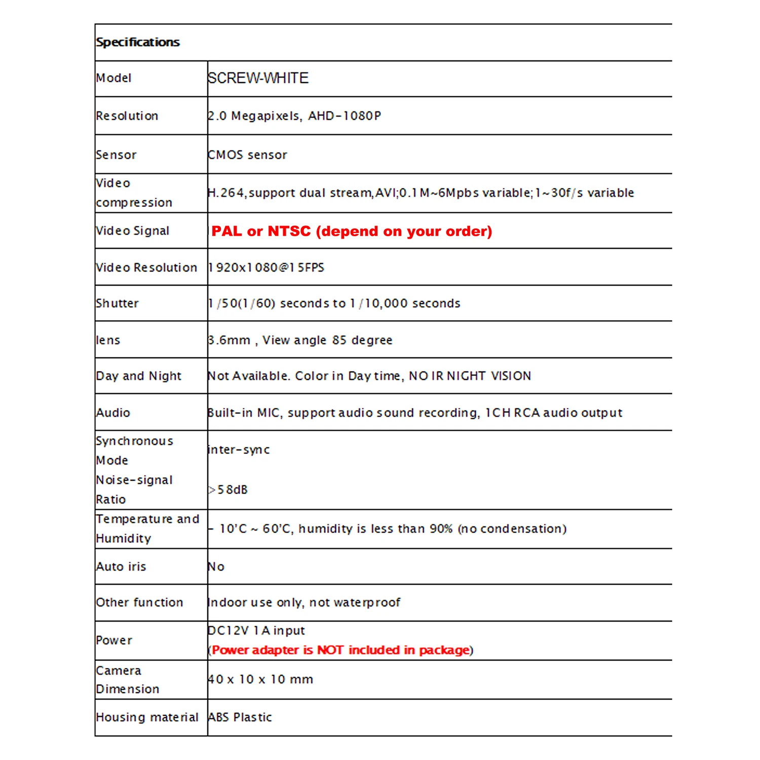 كاميرا تناظرية أمنية صغيرة بدقة 1080 بكسل، عدسة 3.6 ملم، BNC/RCA/DC، فيديو/صوت/طاقة، خيار PAL/NTSC