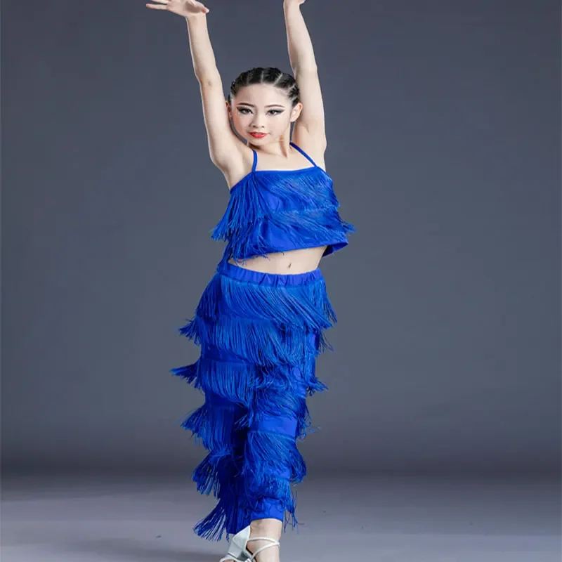 Meisje Latin Dans Jurk Voor Meisjes Kinderen Ballroom Kwastje Fringe Jurk Tops Broek Salsa Samba Kostuum Kinderen Dans Broekpak Blauw