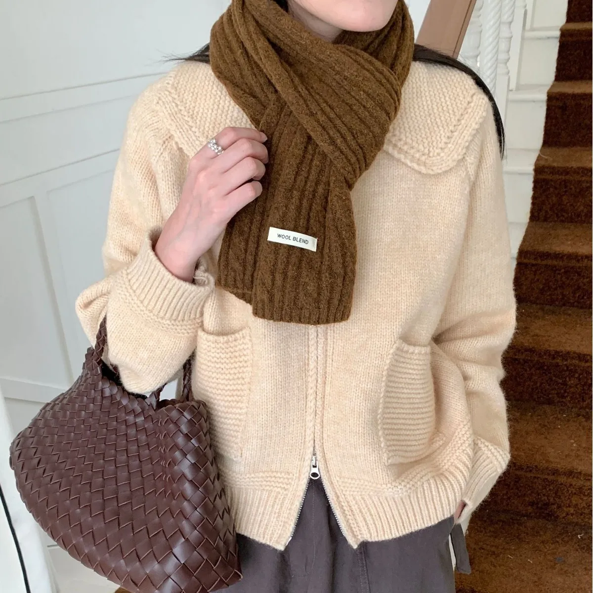 Women Solid Wool‑Blend Knit Figure‑8 Scarf, Warm Cozy Neck Warmer, Sweet Korean Versatile Accessory for Fall Winter Daily Outfit