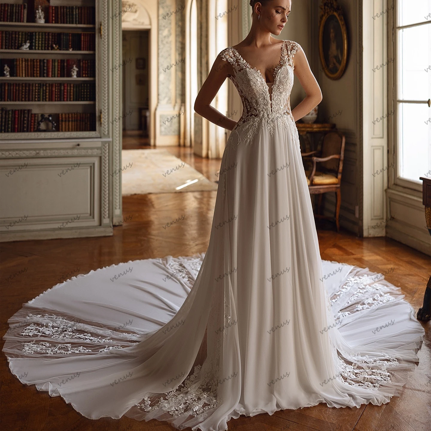 

Glamorous Wedding Dresses A Line Bridal Gowns Chiffon Robes Lace Appliques Sweep Train Pretty Vestidos De Novia Customized 2025