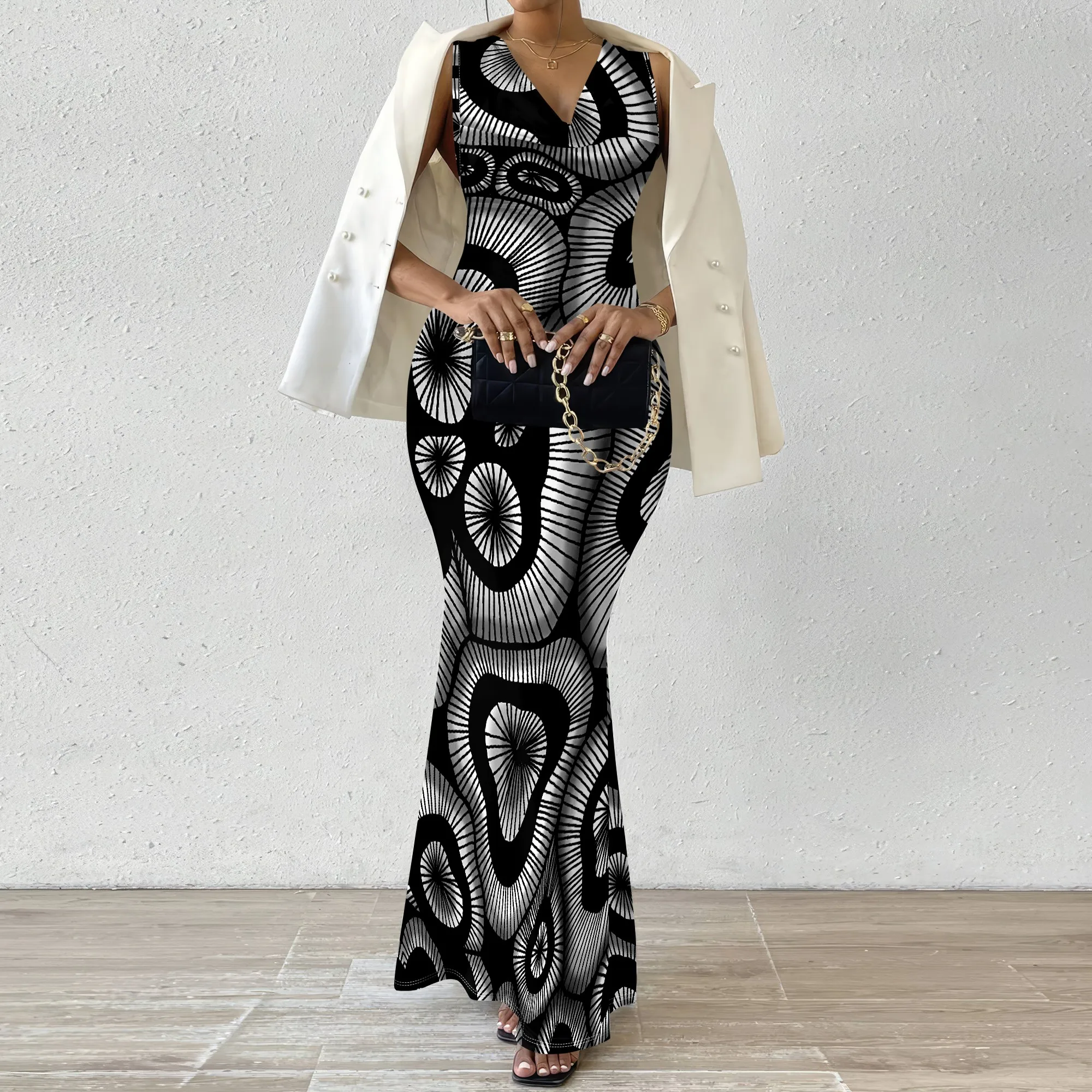 

Geometric Print V-Neck Maxi Dress Women Sleeveless Bodycon Mermaid Party Office Dress 2025