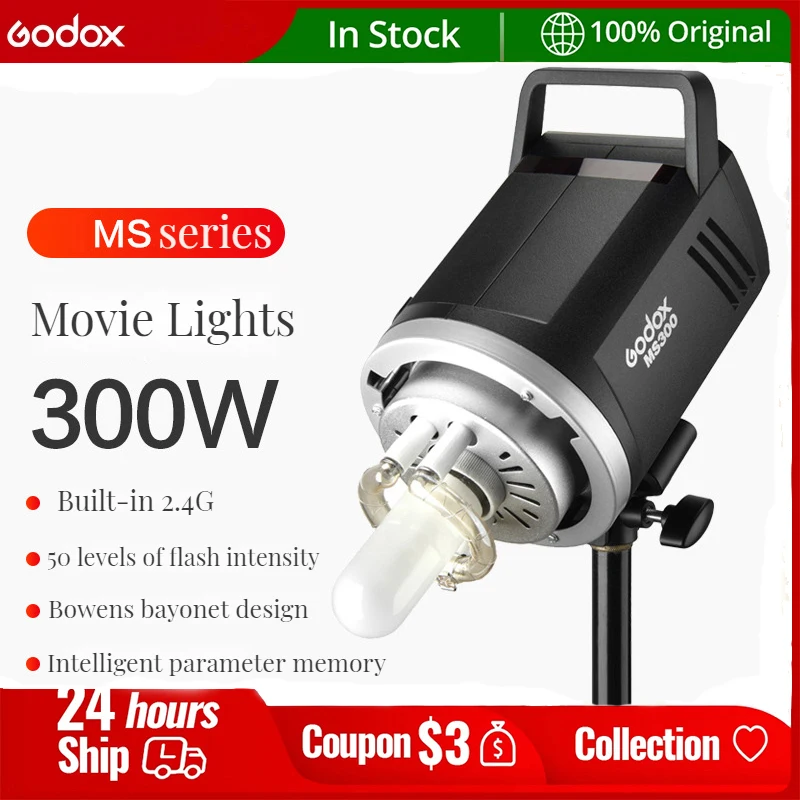 Godox MS200 200W MS300 300W Studio Flash 2.4G Built-in Wireless Receiver Lightweight Compact Durable Bowens Mount Studio Light