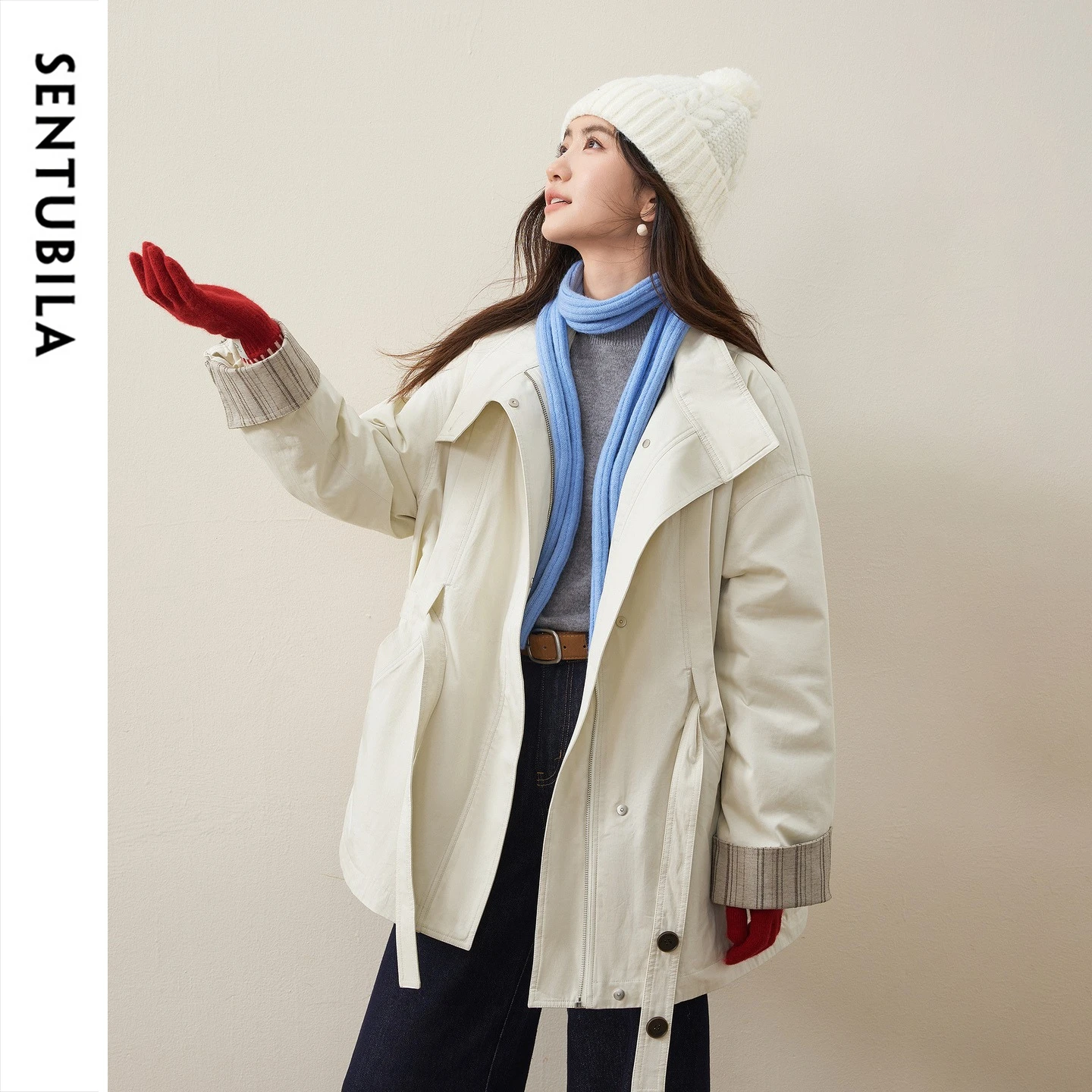 SENTUBILA Women's Winter Down Jacket 2026 New Mid Length Loose Commuter White Duck Down Versatile Daily Warm Outerwear W64YA7699