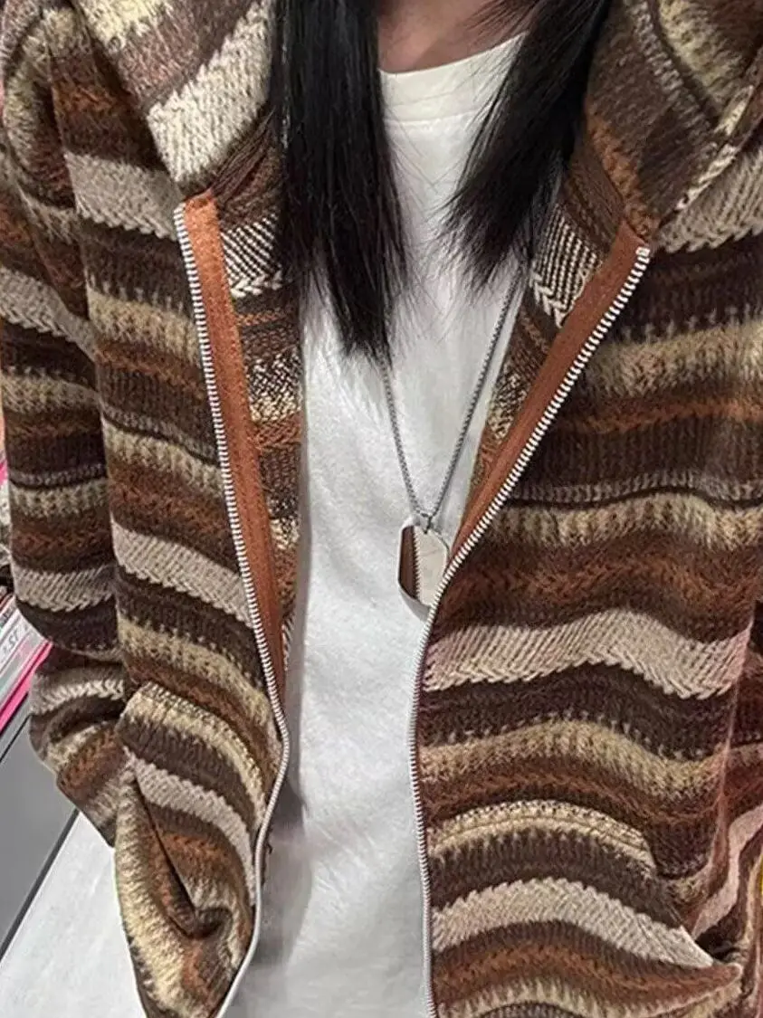 

Retro Color Blo Hooded Coat Men's Loose Lazy Sle Long Sve Woolen Outerwear Polyester Fiber Zipper Closure Casual Wear