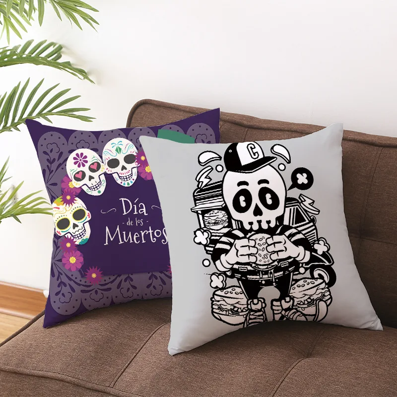 Black Grey Skull Face Living Room Decor Pillowcase Car Halloween Sofa Cushion Cover