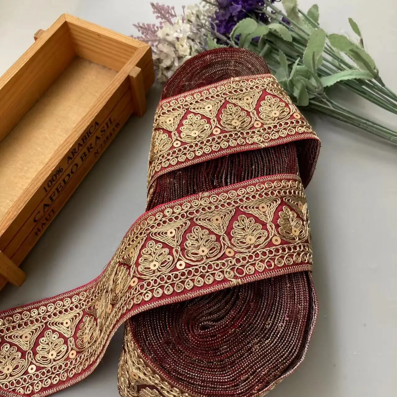 1 Yard Red Gold Thread Lace Fabric Trim Ethnic Style Clothing Sequins Embroidered For Curtain Shoes Jacquard Ribbon Accessories