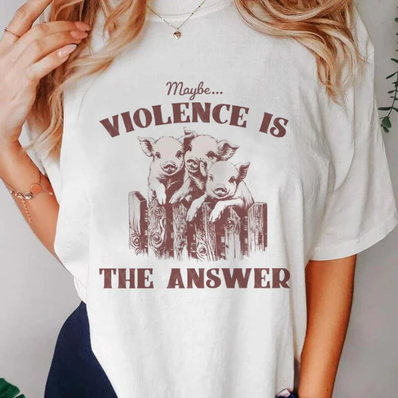 Retro Cute Style 90s Cartoon Pig Pattern T-Shirt Top Short Sleeved Women's Casual Printed Fashionable Women's Summer T-Shirt