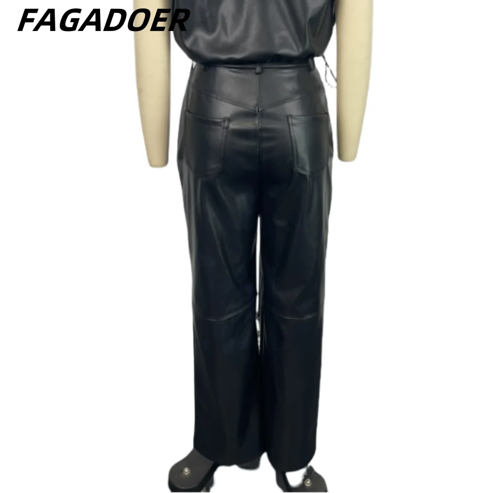 FAGADOER Black Fashion PU Leather Straight Pants Women High Waist Button Pocket Trousers Casual Female Solid Color Bottoms 2024