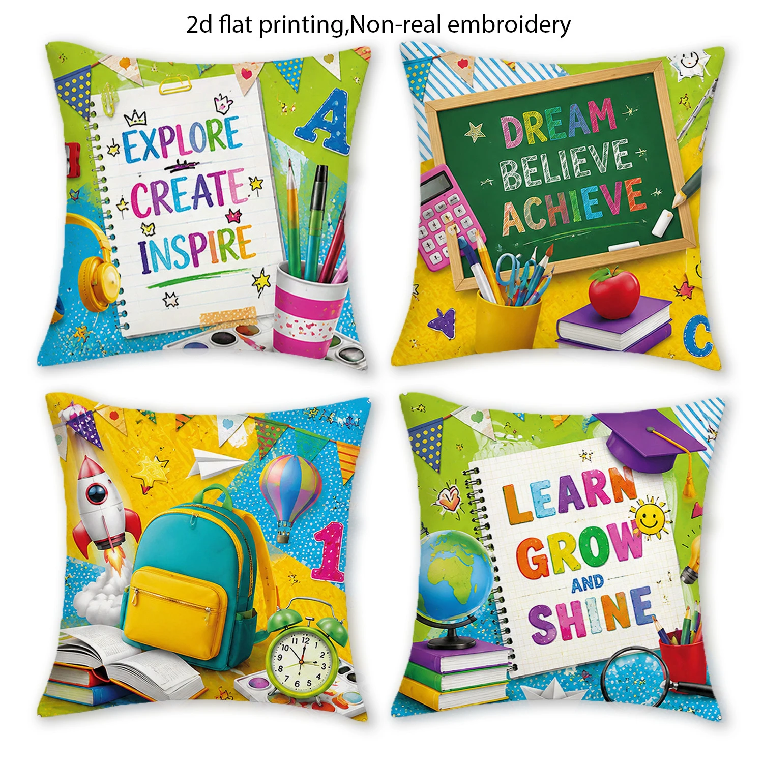4pc Back to School Throw Pillow Covers Set of 4  Motivational Classroom Decor Cushion Cases for Kids Bedroom Playroom